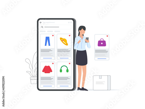 Flat Vector illustrations of women using smartphones to create wish lists on ecommerce platforms. Perfect for showcasing shopping desires and preferences.