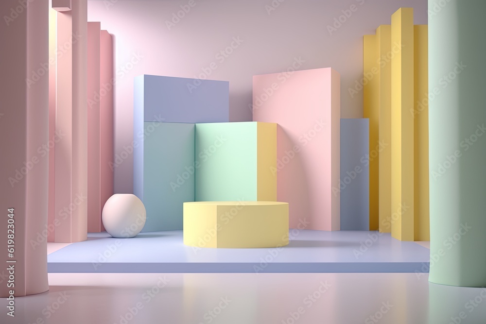 Stand podium wall scene pastel color background, geometric shape for product display presentation. Minimal scene for mockup products, stage showcase, promotion display. Stand podium wall scene pastel color background, geometric shape for product display presentation. Minimal scene for mockup products, stage showcase, promotion display.