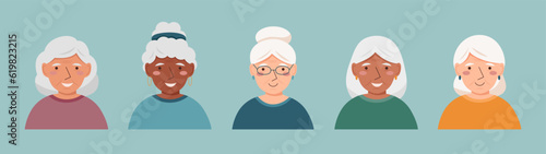 Elderly women avatars in the flat style. Portraits of old women.	

