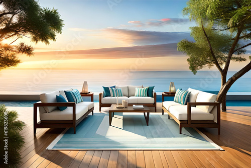 Interior design of a coastal outdoor patio with comfortable lounge chairs  beach umbrellas  and a beachfront view for a relaxing and stylish beach oasis   Generative AI