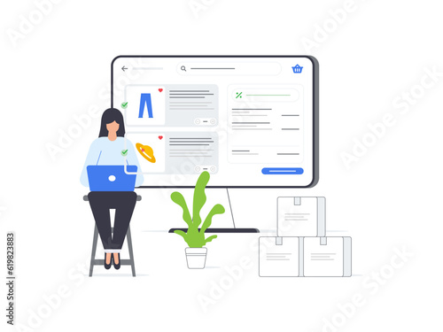 Flat Vector illustrations depict women using laptops to make purchases on various ecommerce platforms, showcasing the convenience and accessibility of online shopping.