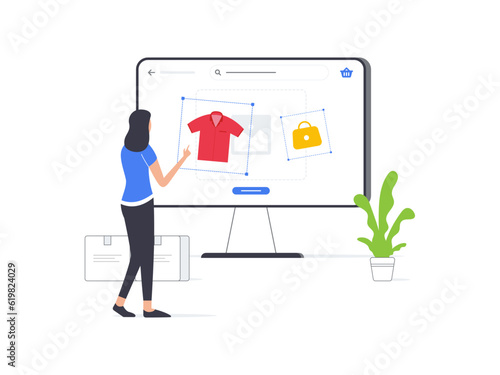 Flat vector illustration design. Upload product images on an ecommerce platform. Simple and modern visual for easy understanding and user friendly experience.
