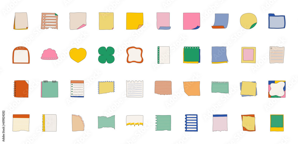 Sticky Notes paper notes big collection. Adhesive tapes set, paper clip with star and heart. Blank notepad elements with ragged edges. Stationery background. Vector illustration.
Sticky Notes paper notes big collection. Adhesive tapes set, paper clip with star and heart. Blank notepad elements with ragged edges. Stationery background. Vector illustration.