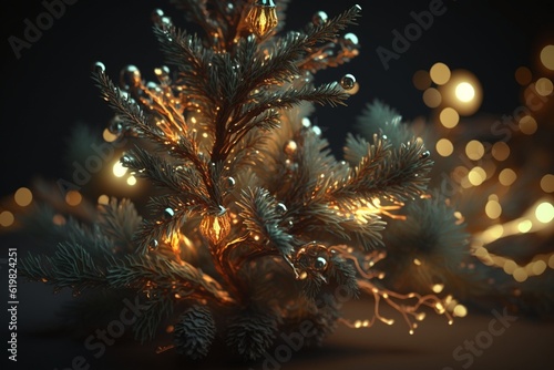 Christmas Tree Branches with Lights in Foreground, Generative AI