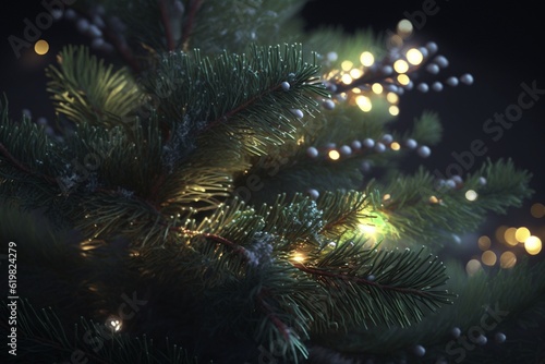 Christmas Tree Branches with Lights in Foreground, Generative AI