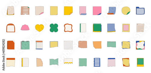 Sticky Notes paper notes big collection. Adhesive tapes set, paper clip with star and heart. Blank notepad elements with ragged edges. Stationery background. Vector illustration. 
