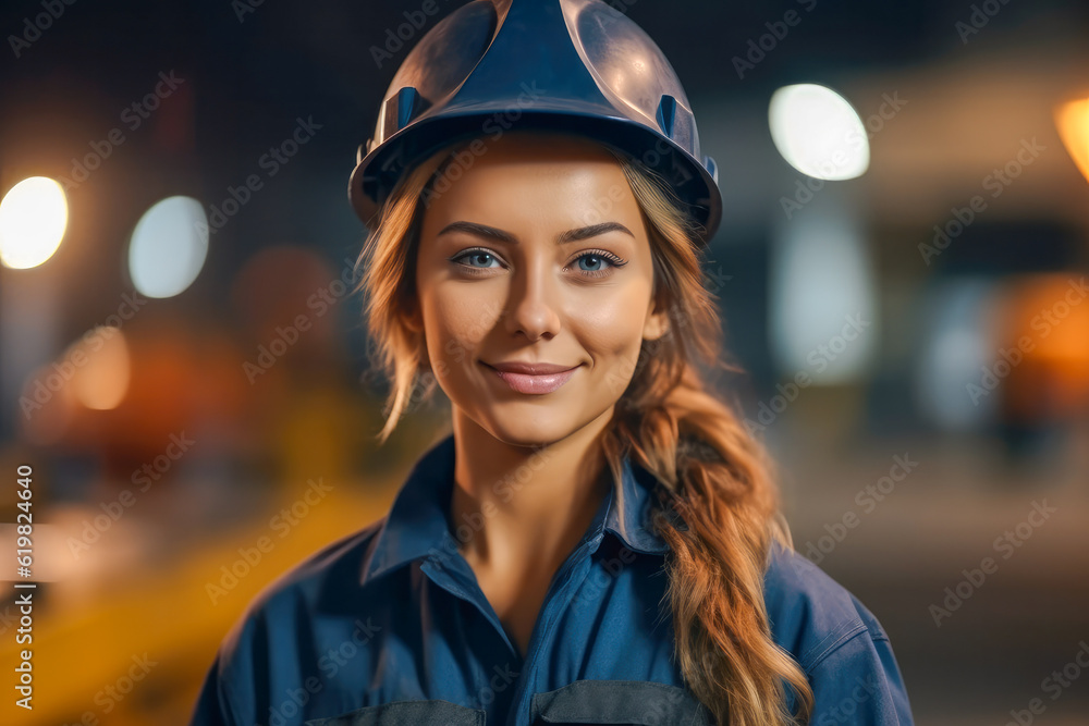 Portrait of a smiling confident female engineer at an oil refinery, confidently overseeing operations and ensuring the efficient production of petroleum products, generative ai Portrait of a smiling confident female engineer at an oil refinery, confidently overseeing operations and ensuring the efficient production of petroleum products, generative ai