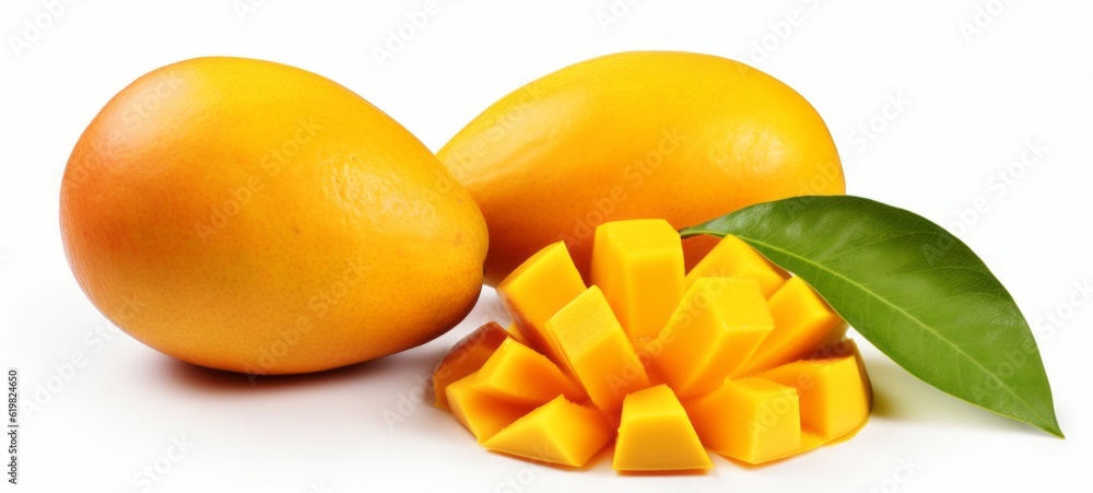 Fruits mangos harvest background - Set of ripe mango and mango slices, isolated on white background (Generative Ai) Fruits mangos harvest background - Set of ripe mango and mango slices, isolated on white background (Generative Ai)