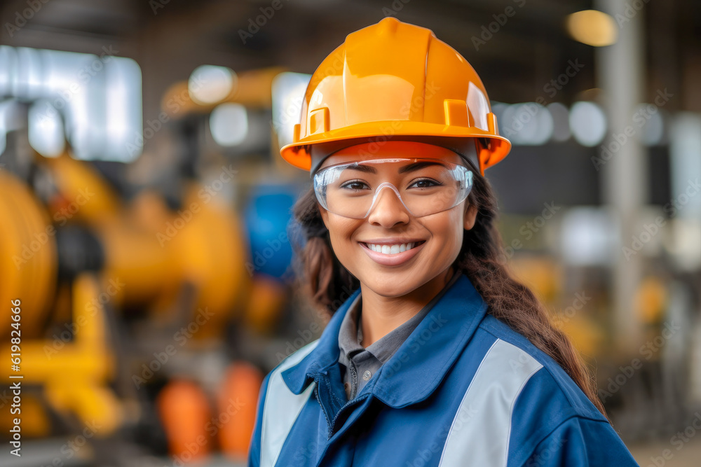 Portrait of a smiling confident female engineer at an oil refinery, confidently overseeing operations and ensuring the efficient production of petroleum products, generative ai Portrait of a smiling confident female engineer at an oil refinery, confidently overseeing operations and ensuring the efficient production of petroleum products, generative ai