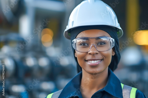 Portrait of a smiling black female engineer at an oil refinery, confidently overseeing operations and ensuring the efficient production of petroleum products, generative ai