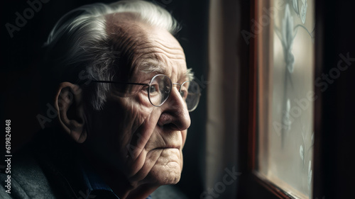 An elderly person sitting in a nursing home, looking out the window with a somber expression. The person appears to be lost in thought and reminiscing about their past