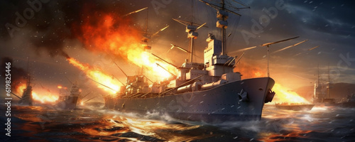 Destroyer ship in battle on high sea with firing canons, AI generated image