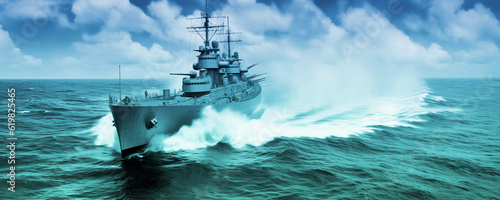 Destroyer ship in battle on high sea with firing canons, AI generated image