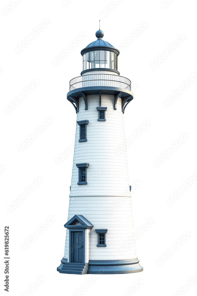 Isolated white and navy blue lighthouse on a cutout PNG transparent background. Generative AI Isolated white and navy blue lighthouse on a cutout PNG transparent background. Generative AI