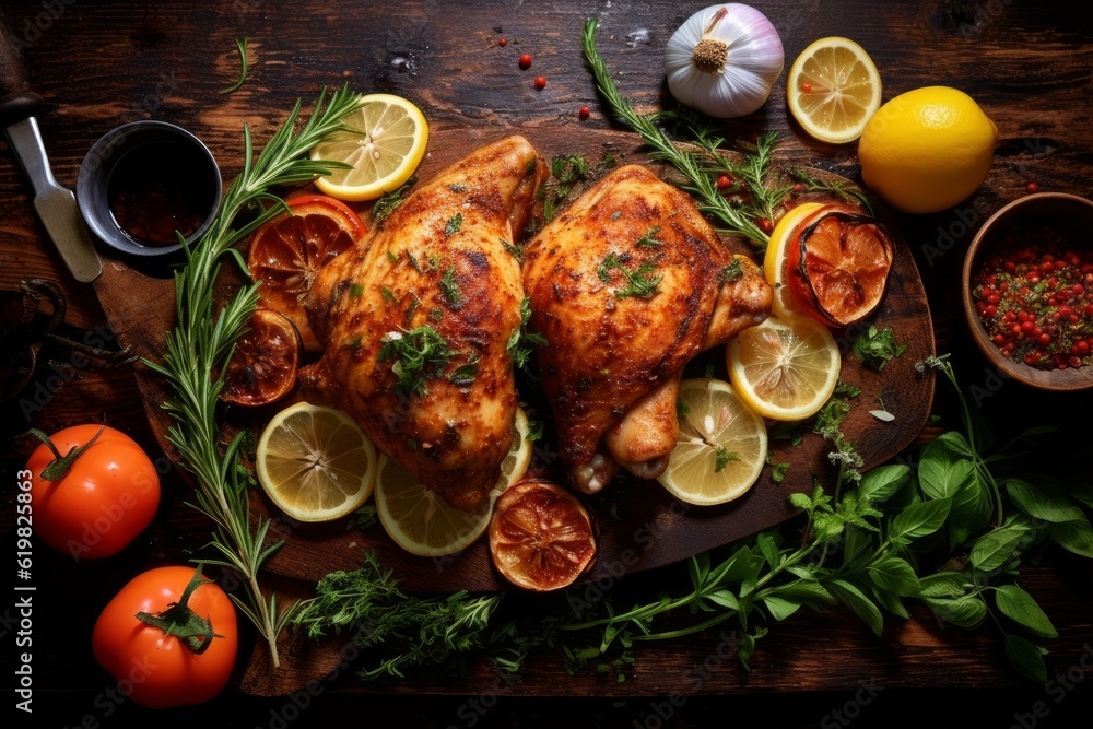 Pollo alla Diavola on a rustic wooden table surrounded by fresh herbs and lemon wedges Pollo alla Diavola on a rustic wooden table surrounded by fresh herbs and lemon wedges