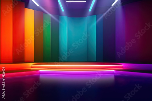 Colourful podium with lighting. Stand wall scene colourful podium background, geometric shape for product display presentation. Minimal scene for mockup products, stage showcase, promotion display.