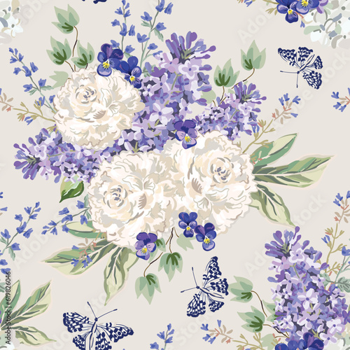 Lilac flowers, white peonies, pansy, green leaves bouquets, butterfly, gray background. Floral illustration. Vector seamless pattern. Botanical design. Nature summer plants. Romantic wedding