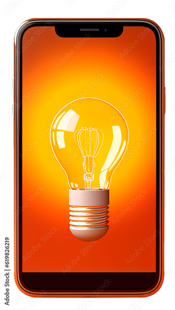 Light bulb on mobile screen, transparent PNG background. Generative AI Light bulb on mobile screen, transparent PNG background. Generative AI