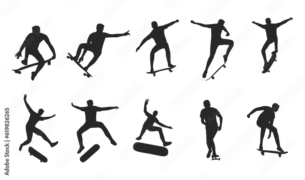 The set of skateboarder. Man doing skateboarding exercise. Flat vector illustration isolated on white background The set of skateboarder. Man doing skateboarding exercise. Flat vector illustration isolated on white background