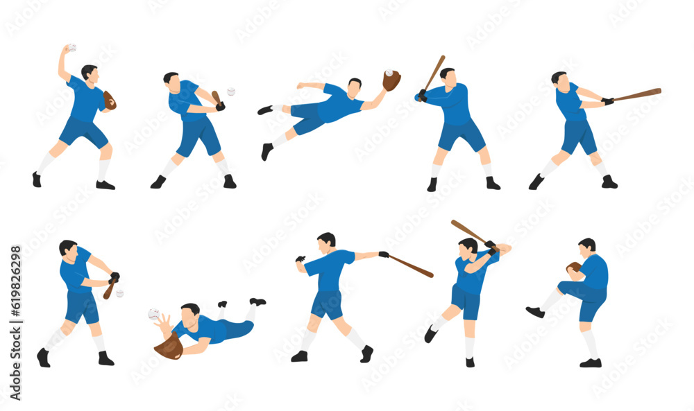 Set of baseball players isolated. Man with bat and glove athlete. Flat vector illustration isolated on white backgroun