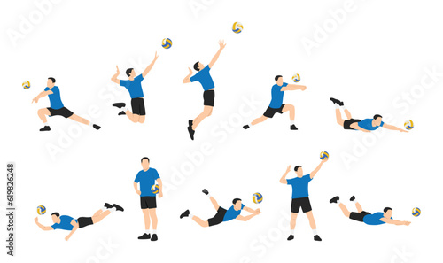 Young sportsman playing volleyball set with different gestures variations. Flat vector illustration isolated on white background © lioputra