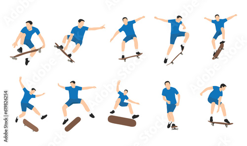 The set of skateboarder. Man doing skateboarding exercise. Flat vector illustration isolated on white background