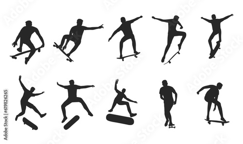 The set of skateboarder. Man doing skateboarding exercise. Flat vector illustration isolated on white background