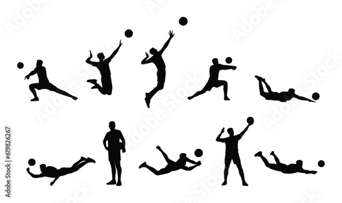 Young sportsman playing volleyball set with different gestures variations. Flat vector illustration isolated on white background