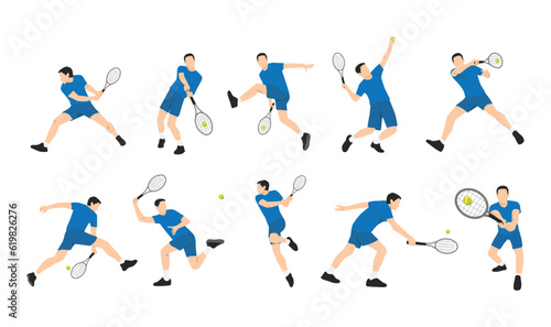 Young man playing tennis on court set. Flat vector illustration isolated on white background