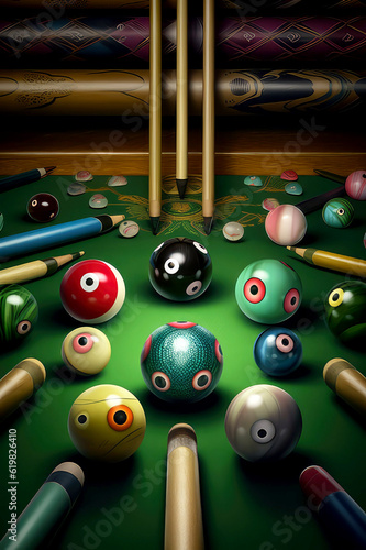 Whimsical Billiards: A Fantastical Array of Character-Inspired Balls and Cues on a Lush Green Table