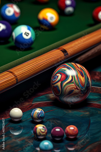 Artistic Fusion: Psychedelic Billiards with Marbled Balls and Abstract Design on a Traditional Green Table