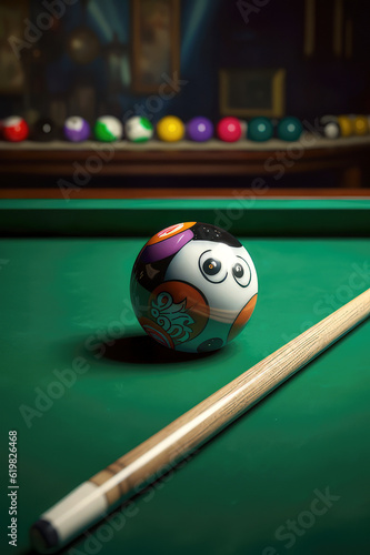 Playful Characters: An Imaginative Take on Billiards with a Cartoon-Styled Ball on a Classic Green Table