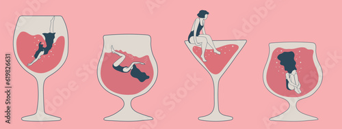Set of three Trendy female characters swimming jumping into the glass.People suffering from hard drinking. Concept illustration with depressed characters sink in various alcohol glasses.