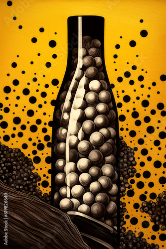 Optical Illusion in Culinary Art: A Bottle Filled with Spheres Amidst a Dotted Yellow Background