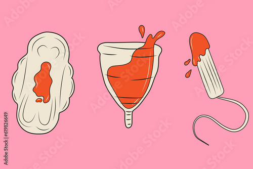 Set of three Zero waste menstrual cup, Gasket with blood and tampon with spot of blood. Protection for women in critical days. Vector	