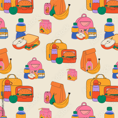 Seamless pattern with School lunch box, container. Various food. Hand drawn. Isolated elements, design templates. Healthy food concept