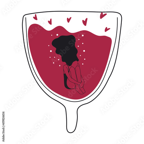 Trendy female characters swim in menstrual cup. Girl having menstrual period, menstruation, premenstrual syndrome, PMS, female reproductive system.