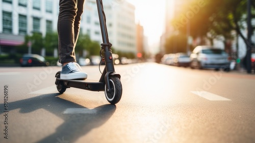 a closeup photo of a person driving eco friendly e-scooter in the middle of a urban city street. Generative AI