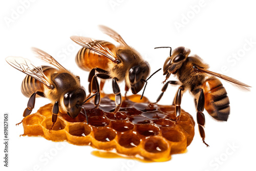 Three Bees with Honeycomb, Isolated on Transparent Background. AI