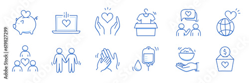 Charity hand, money, blood donation doodle line icon. Charity volunteer, support, blood donor concept icon set. Volunteer heart, donate food hand drawn doodle sketch style line. Vector illustration