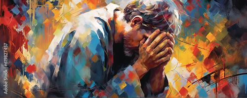 Digital painting of a young man praying with closed eyes and closed eyes