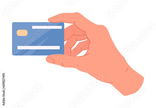 Cartoon hand holding credit card. Human hand with bank debit card, flat vector illustration on white background