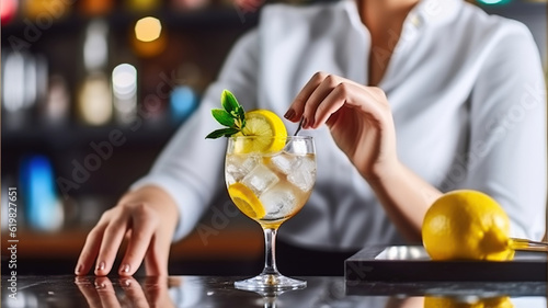 Talented Female Barkeeper Adding a Touch of Elegance to a Cocktail with Lemon Peel in a Stylish Modern Bar. Generative AI
