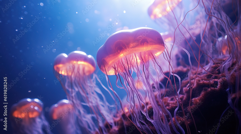 Fototapeta premium Pink jelly fish floating in the sea, sunlight from above, generative ai