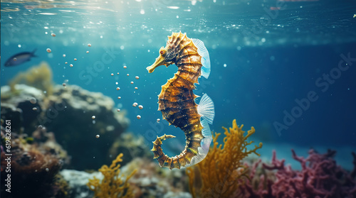 Seahorse floating under water in the sea with sunrays coming from above, generative ai