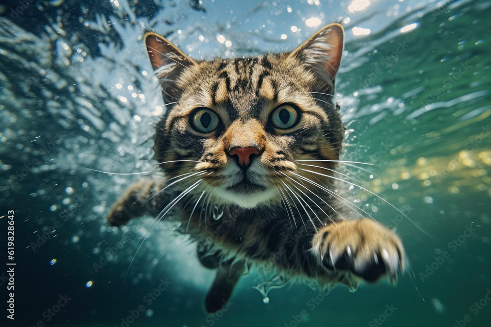 Fototapeta premium closeup wide angle underwater photo upshot of a cat underwater. cute, funny pet swims. generative ai, ai, generative