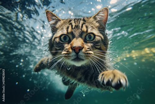 closeup wide angle underwater photo upshot of a cat underwater. cute, funny pet swims. generative ai, ai, generative © Svetlana