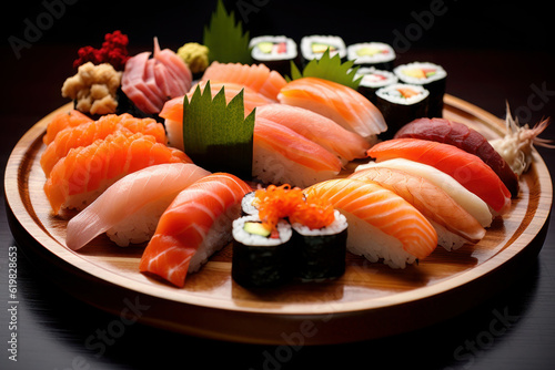 apanese sushi food. Maki ands rolls with tuna, salmon, shrimp, crab. Top view. generative ai, ai generative