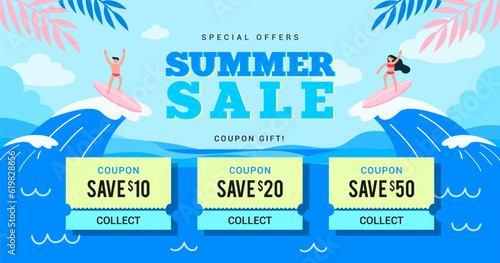Summer sale coupon template banner vector design. Happy summer surfing