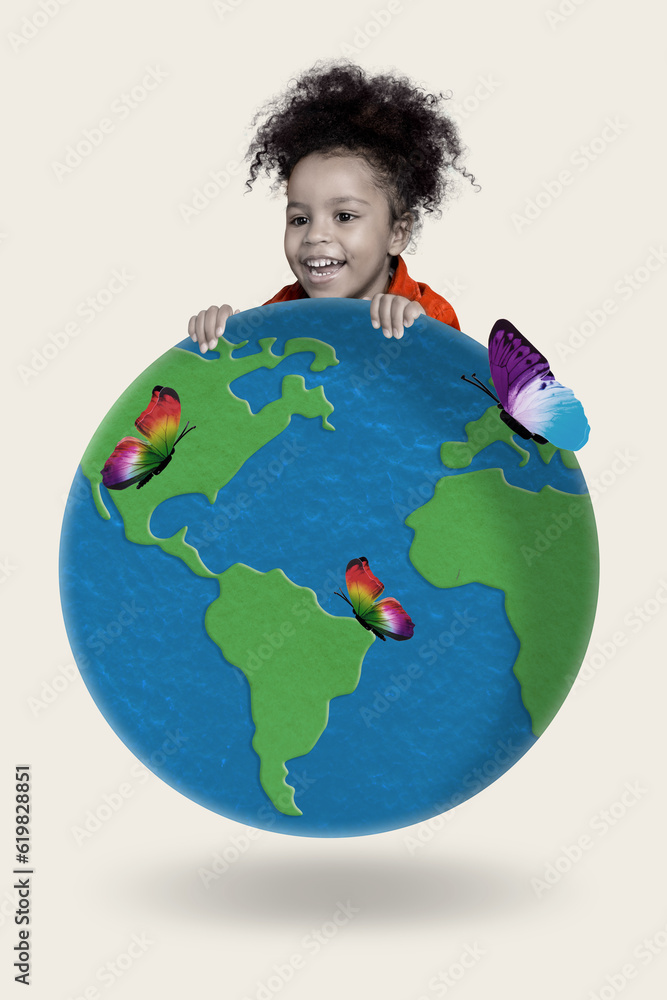 Kid magazine template collage of little girl hide behind globe earth learning insects animal lifestyle planet conservation concept Kid magazine template collage of little girl hide behind globe earth learning insects animal lifestyle planet conservation concept